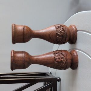 Hand-carved Indian wooden candle holders with intricate floral carving